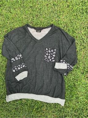 Women’s Charcoal V-Neck Sweater with Leopard Pocket Accent